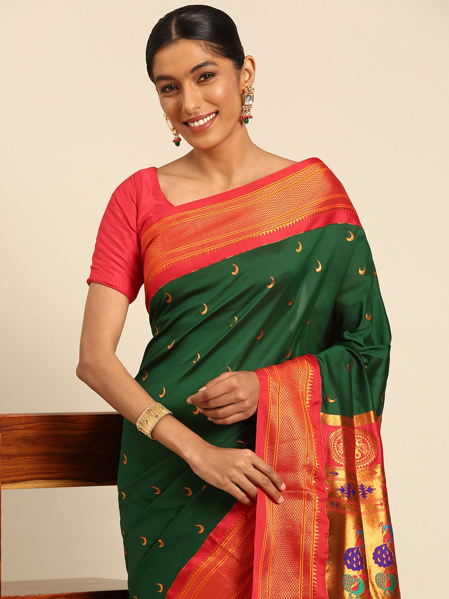Chandrkala Bottle Green & Red Soft Silk Chandrakor Paithani Saree