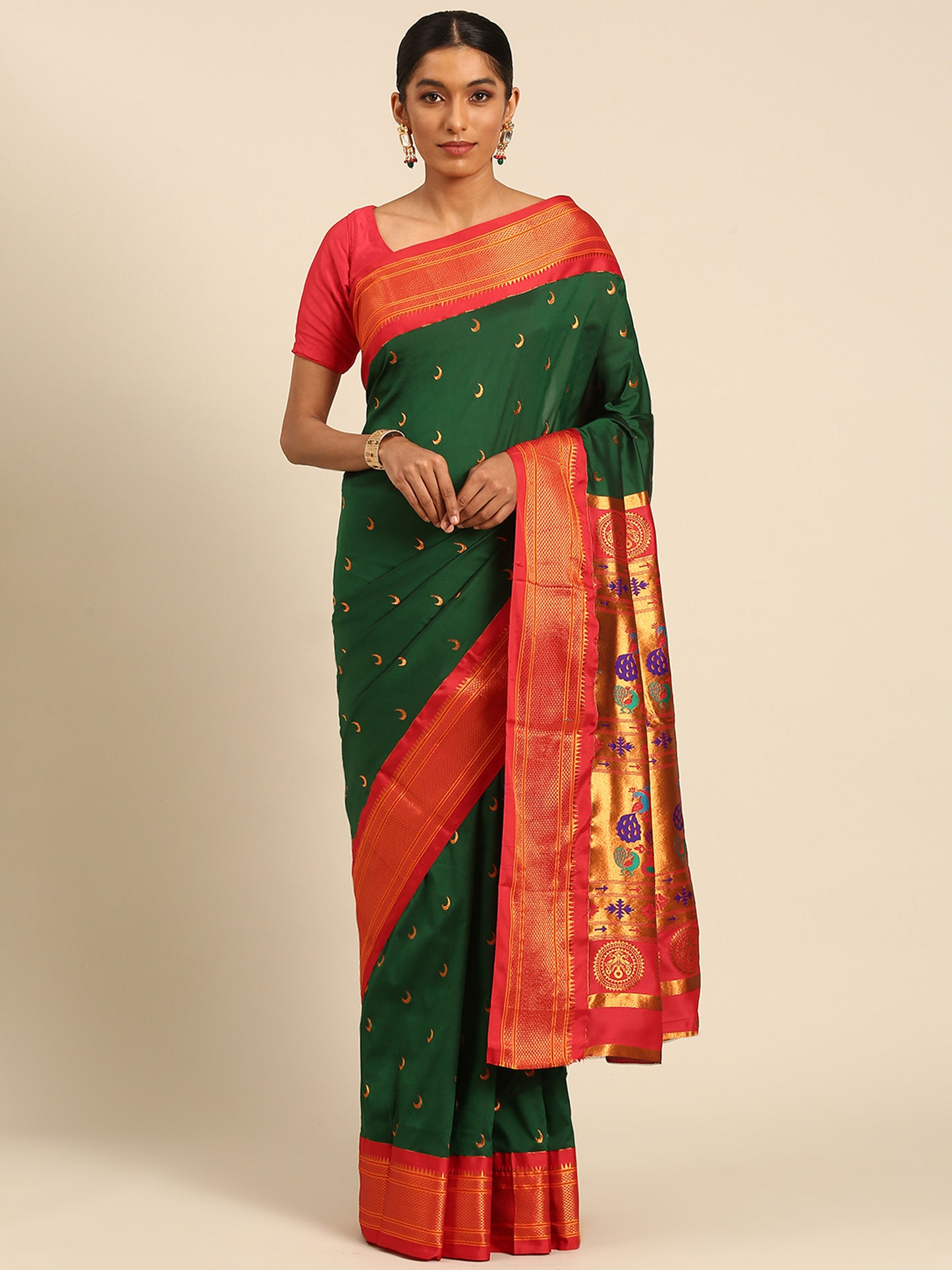 Chandrkala Bottle Green & Red Soft Silk Chandrakor Paithani Saree
