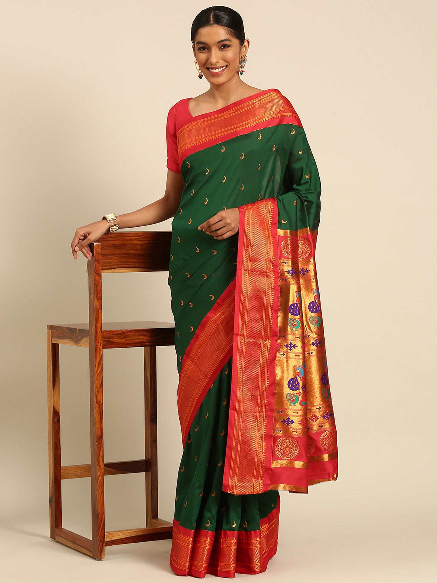Chandrkala Bottle Green & Red Soft Silk Chandrakor Paithani Saree