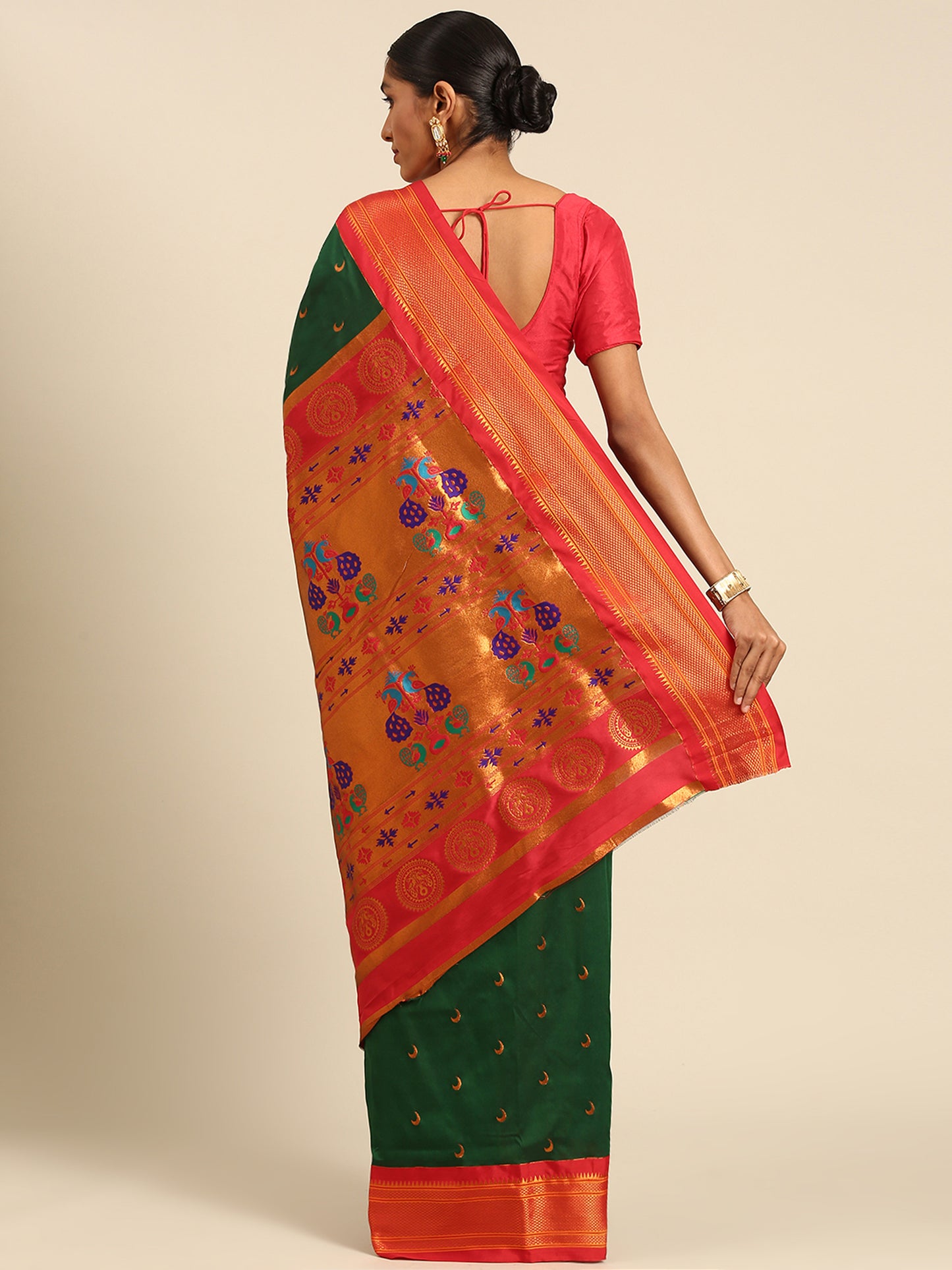 Chandrkala Bottle Green & Red Soft Silk Chandrakor Paithani Saree