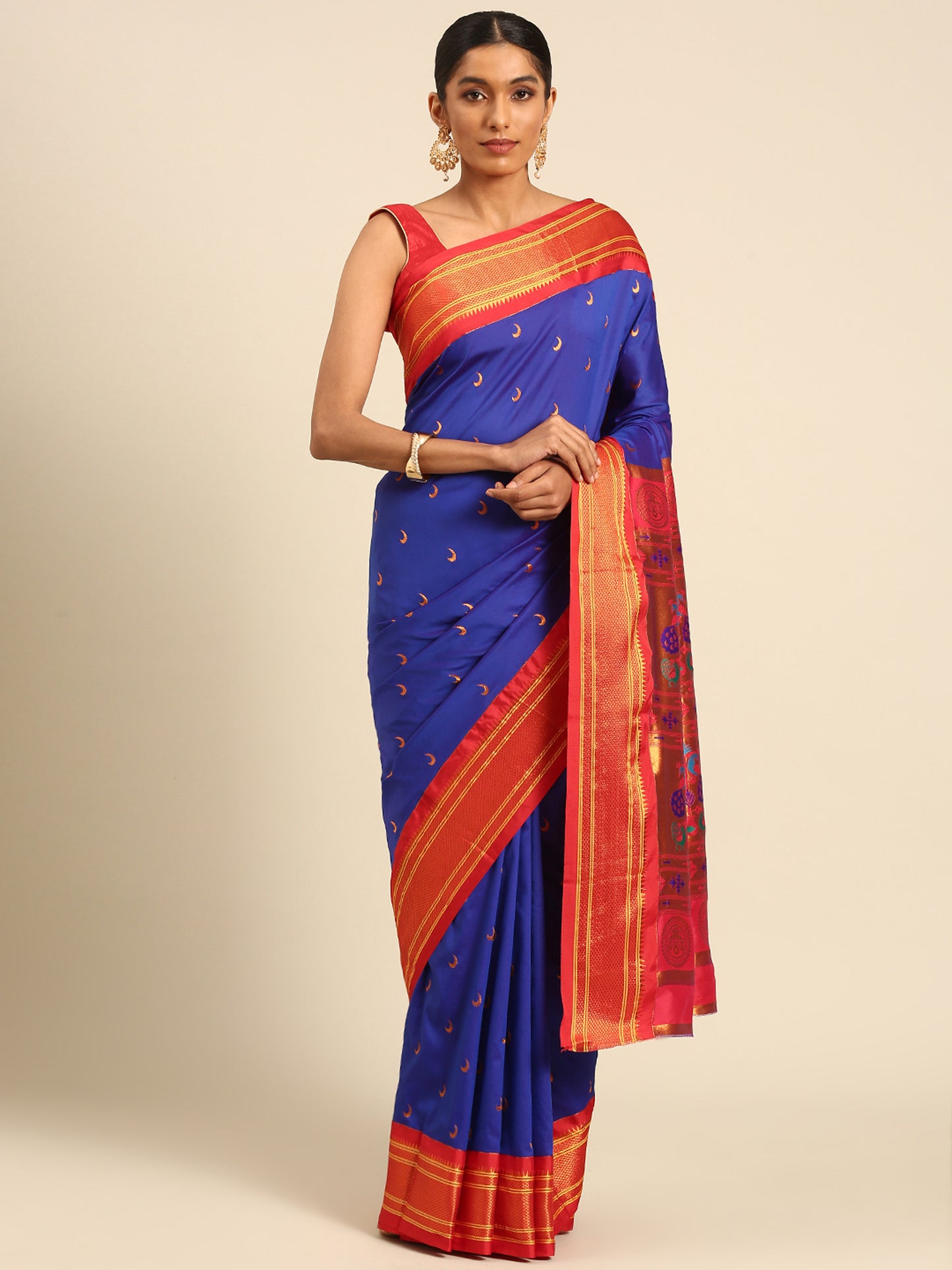 Chandrkala Royal Blue & Red Soft Silk Chandrakor Paithani Saree