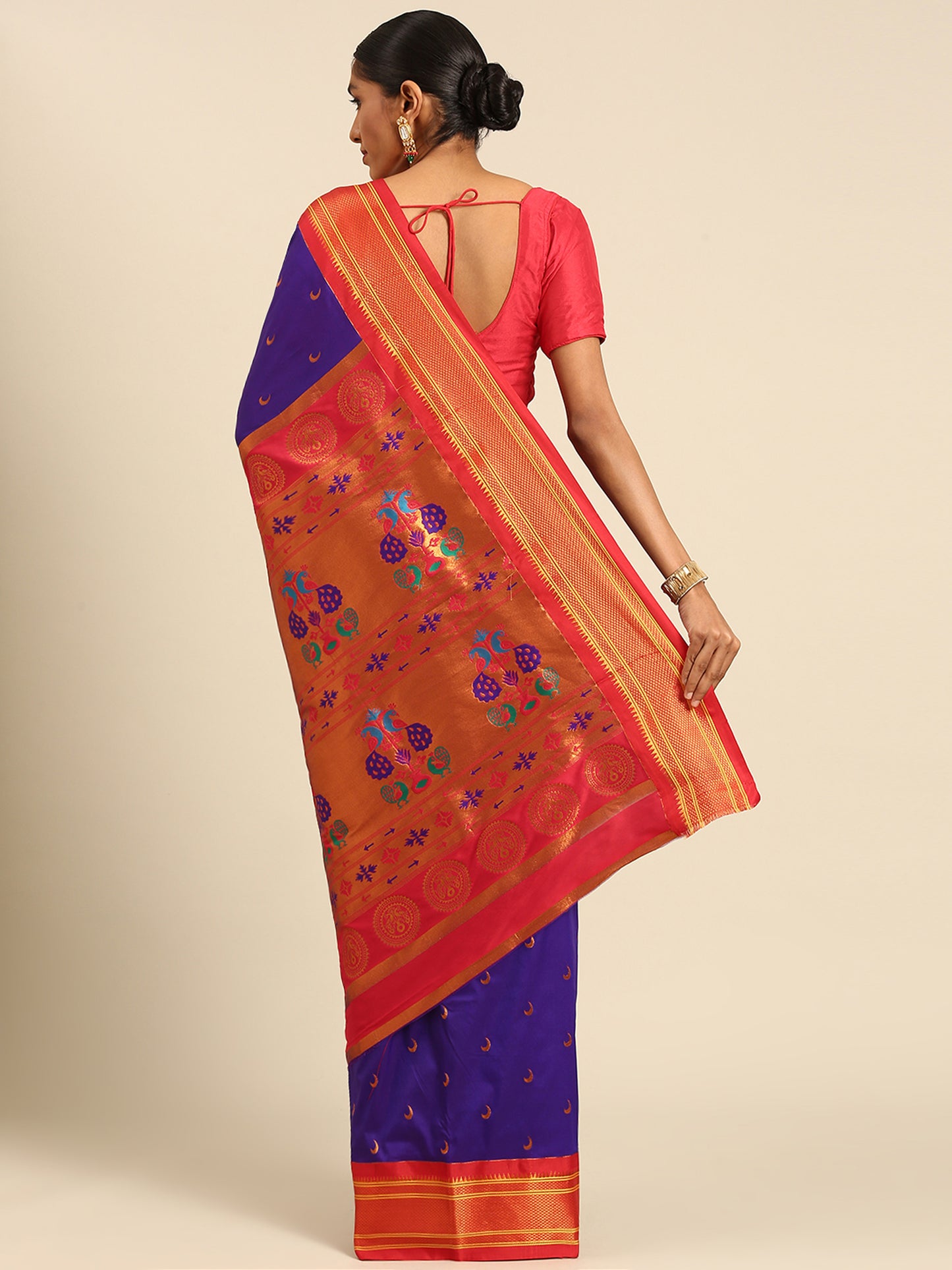 Chandrkala Indigo Blue & Red Soft Silk Chandrakor Paithani Saree