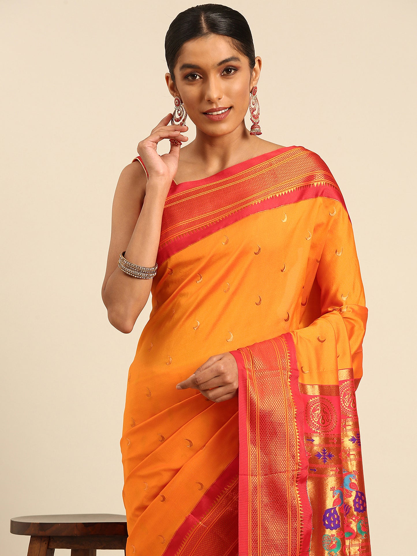 Chandrkala Orange & Red Soft Silk Chandrakor Paithani Saree