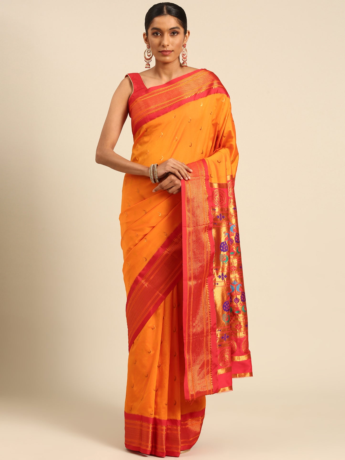 Chandrkala Orange & Red Soft Silk Chandrakor Paithani Saree