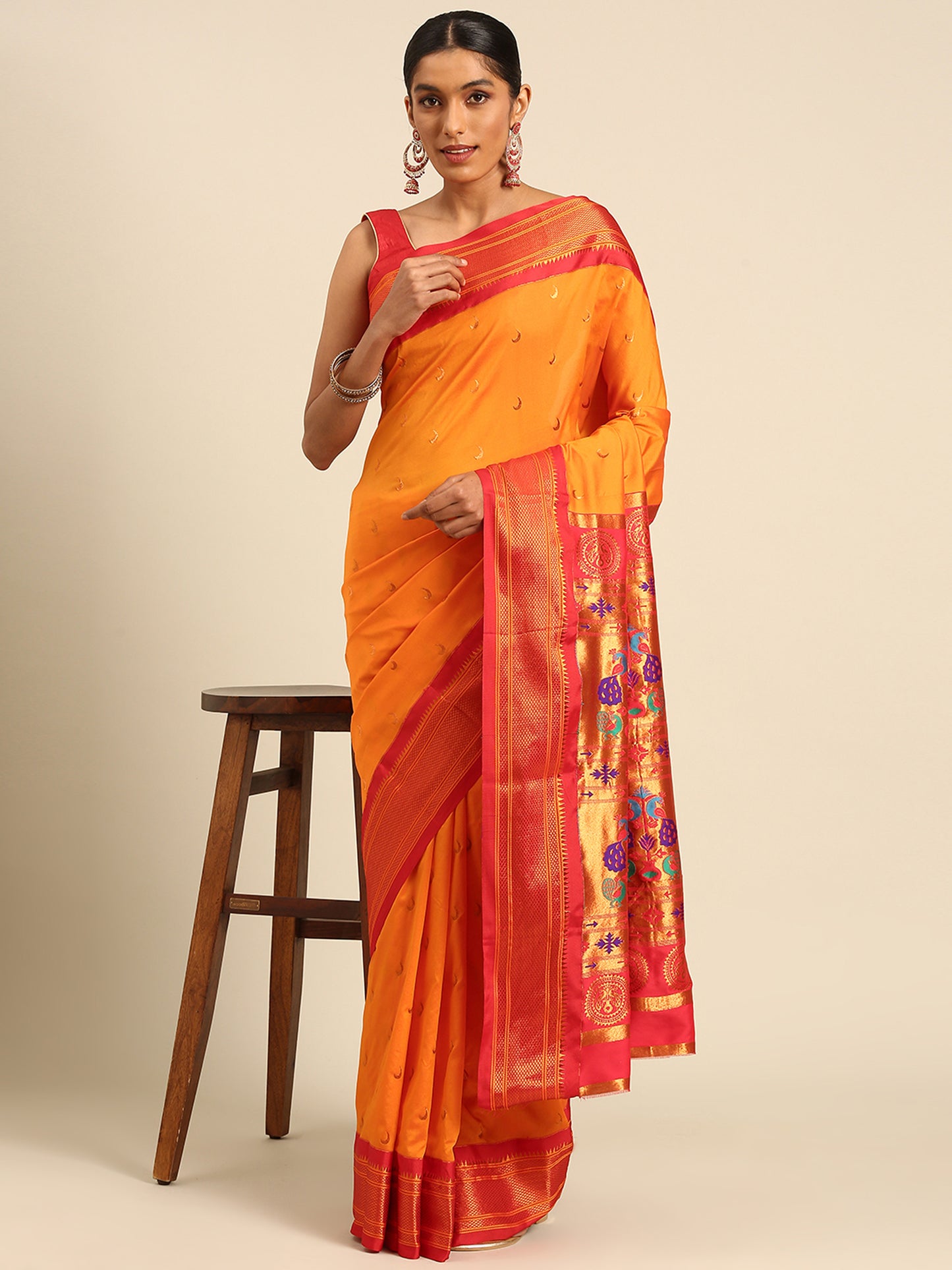 Chandrkala Orange & Red Soft Silk Chandrakor Paithani Saree