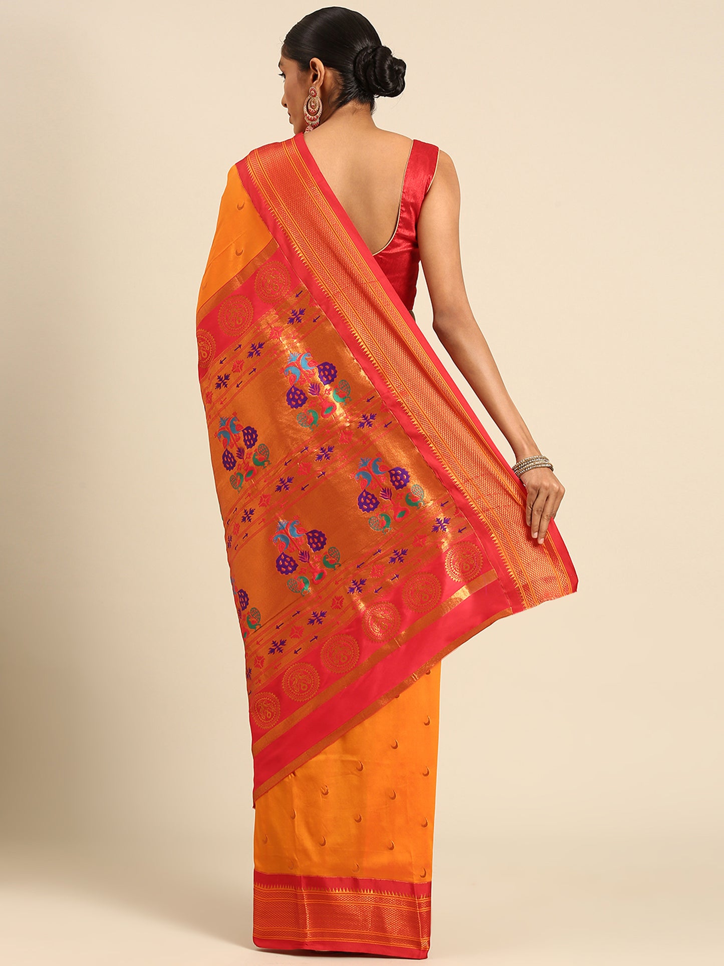 Chandrkala Orange & Red Soft Silk Chandrakor Paithani Saree
