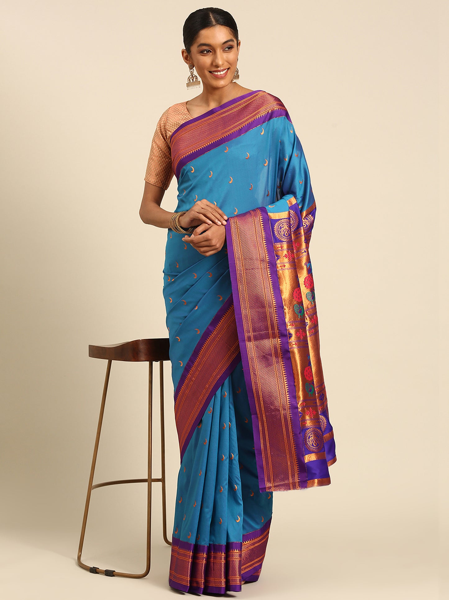Chandrkala Firozi & Violet Soft Silk Chandrakor Paithani Saree