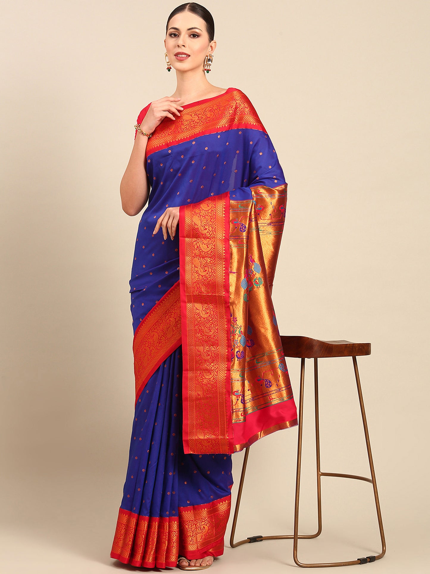 Kanika Royal Blue & Red Soft Silk Fancy Pallu Kadiyal Paithani Saree