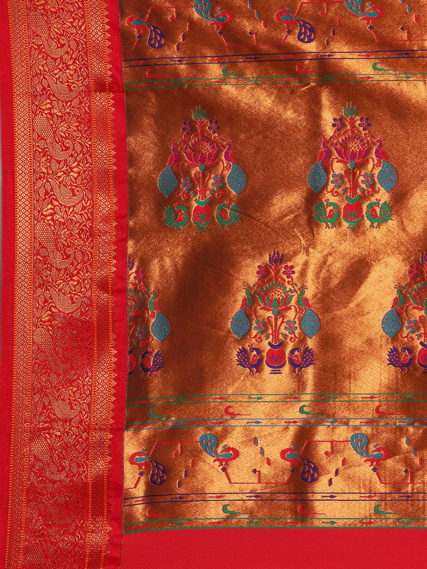 Kanika Mustard & Red Soft Silk Fancy Pallu Kadiyal Paithani Saree