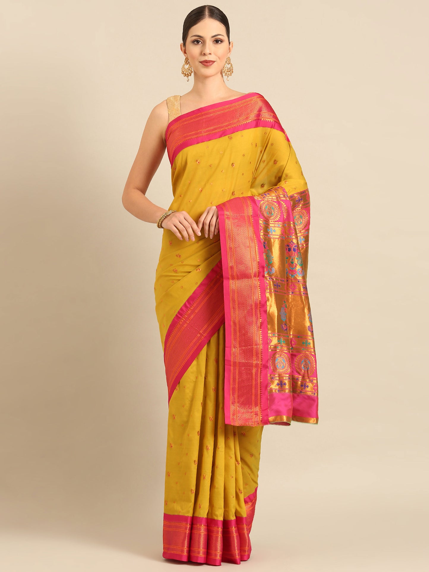 Mukta Mustard & Pink Soft Silk Kadiyal Maharani Paithani Saree