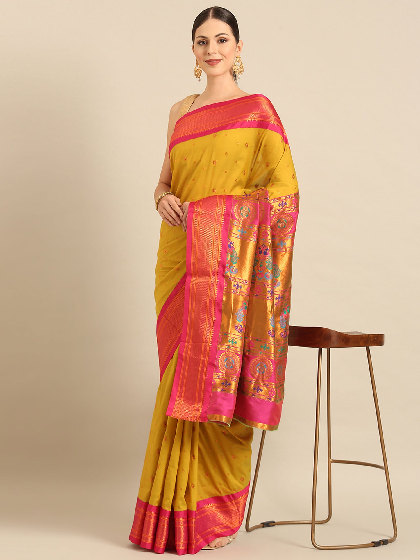 Mukta Mustard & Pink Soft Silk Kadiyal Maharani Paithani Saree