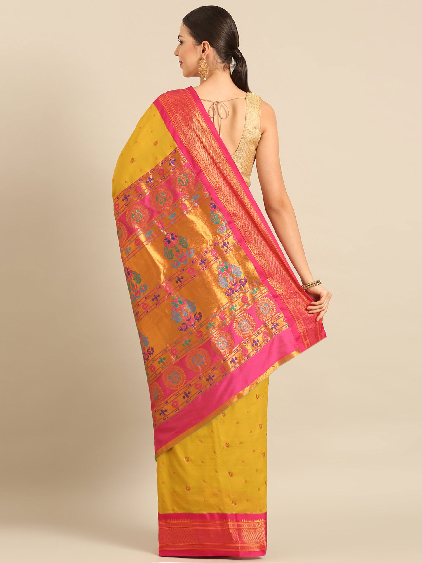 Mukta Mustard & Pink Soft Silk Kadiyal Maharani Paithani Saree