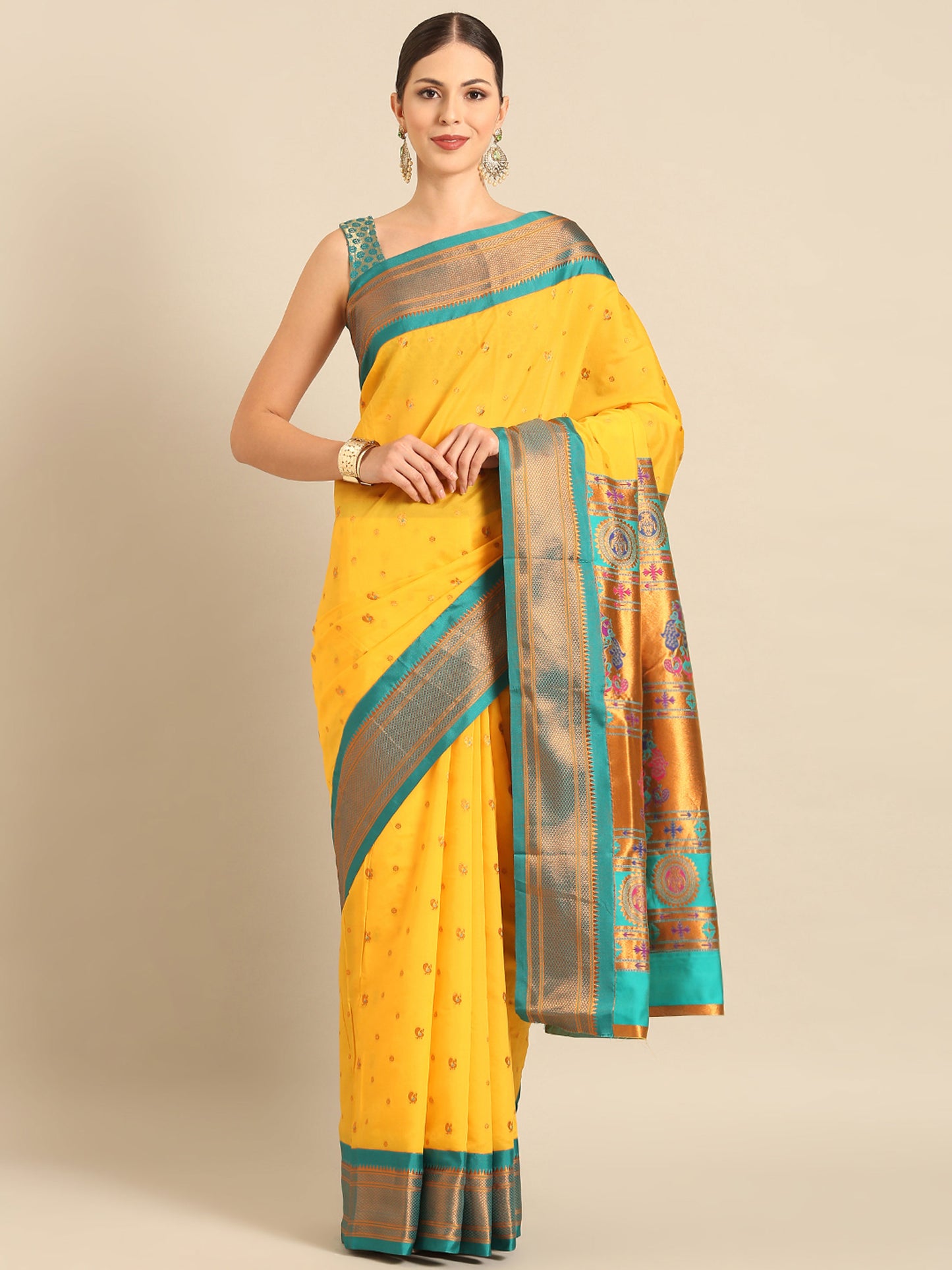 Mukta Haldi & Rama Soft Silk Kadiyal Maharani Paithani Saree