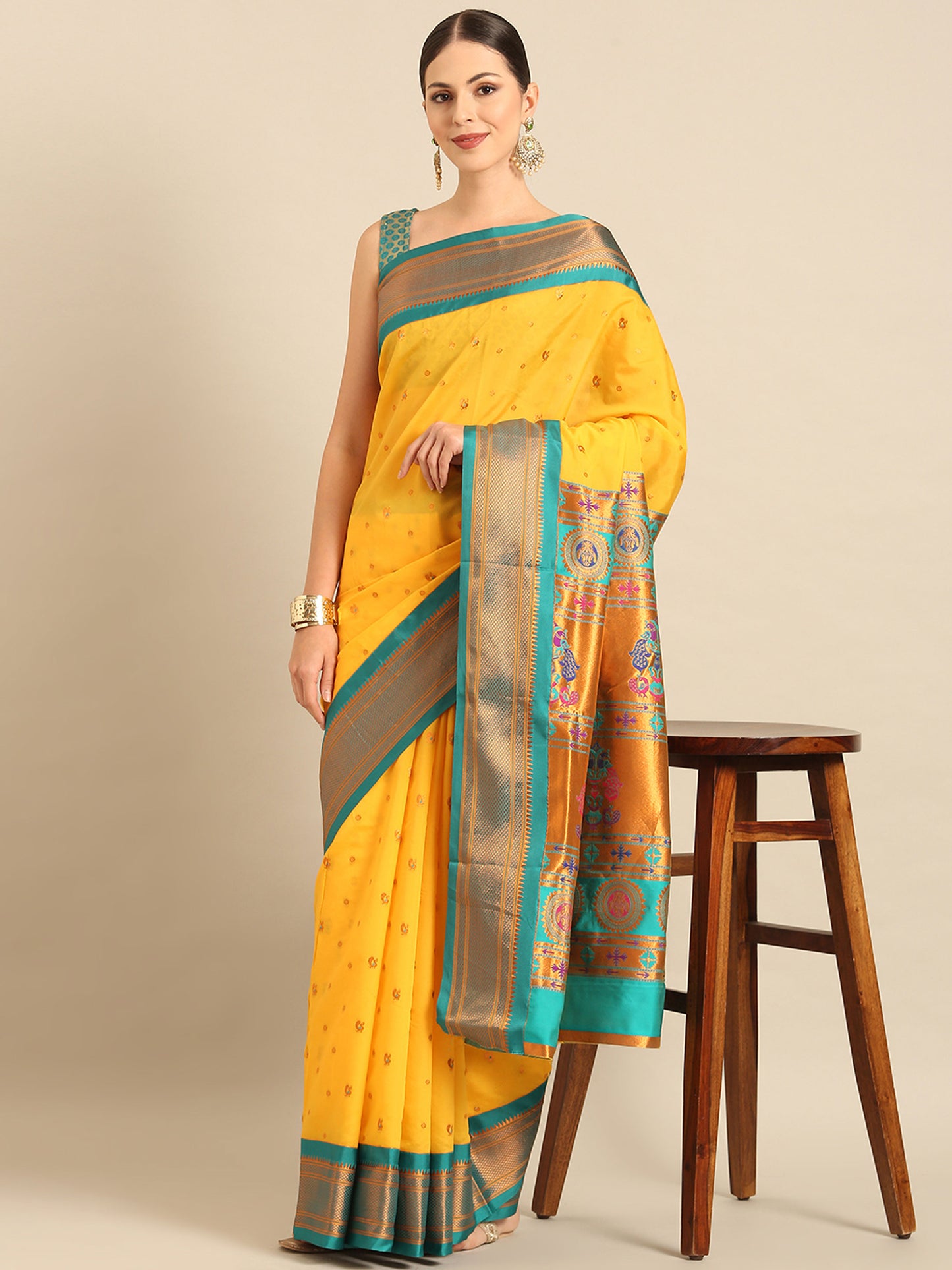 Mukta Haldi & Rama Soft Silk Kadiyal Maharani Paithani Saree