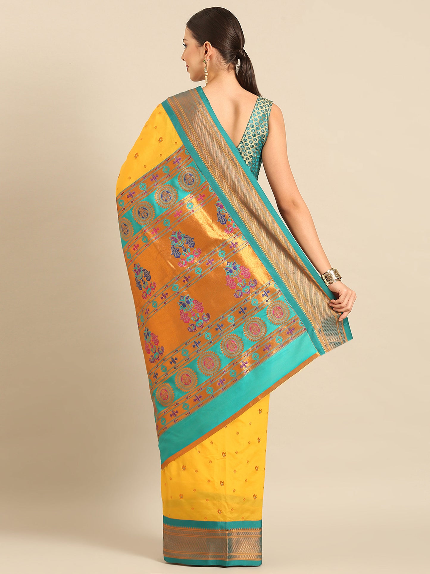 Mukta Haldi & Rama Soft Silk Kadiyal Maharani Paithani Saree