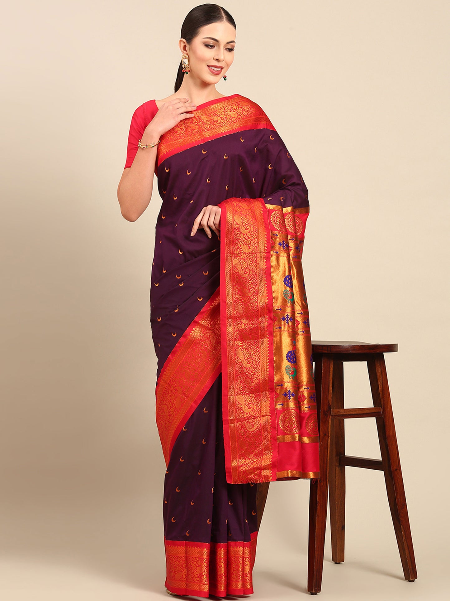 Chandani Maroon & Red Soft Silk Chandrakor Paithani Saree
