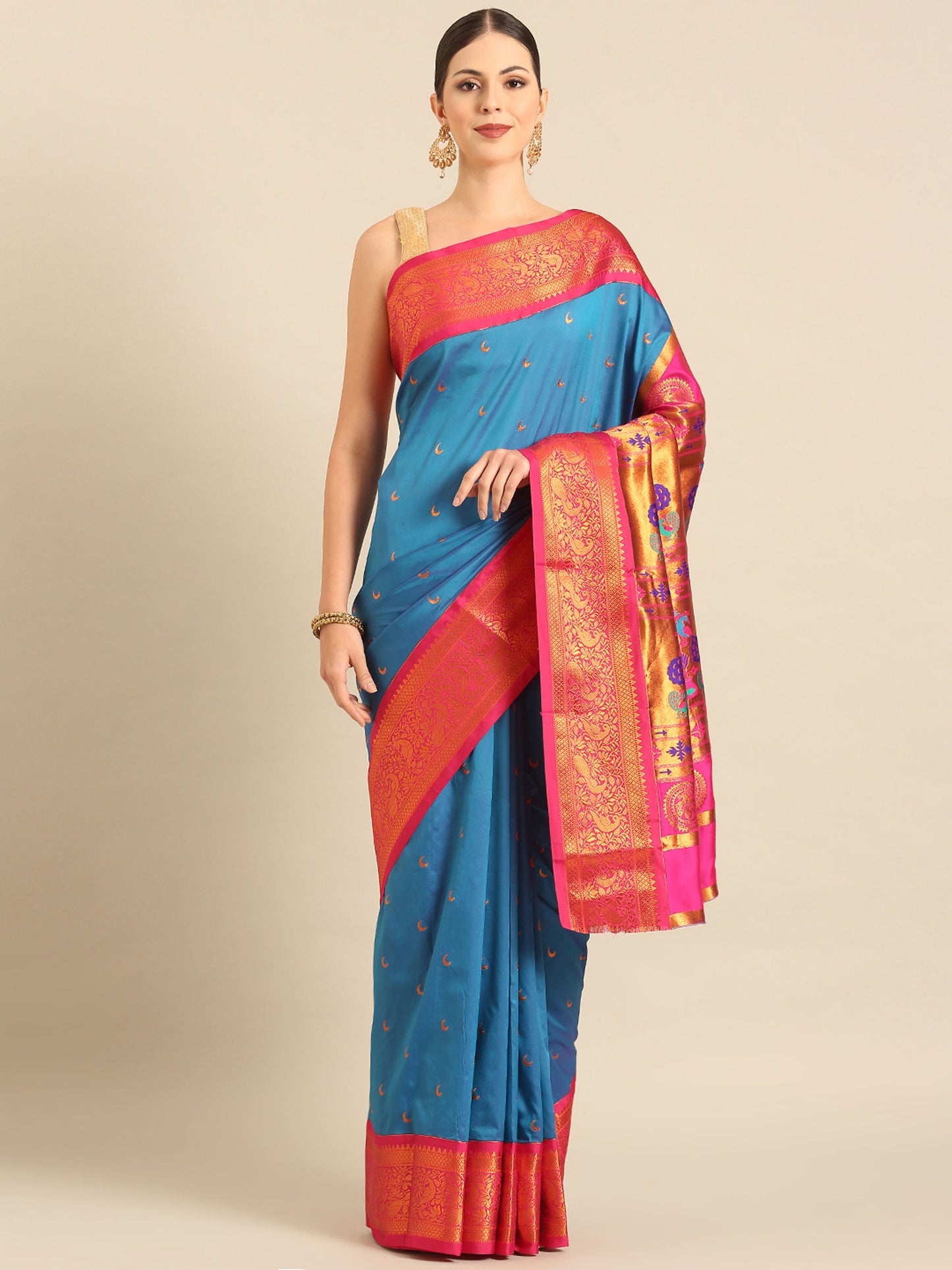 Chandani Firozi & Pink Soft Silk Chandrakor Paithani Saree