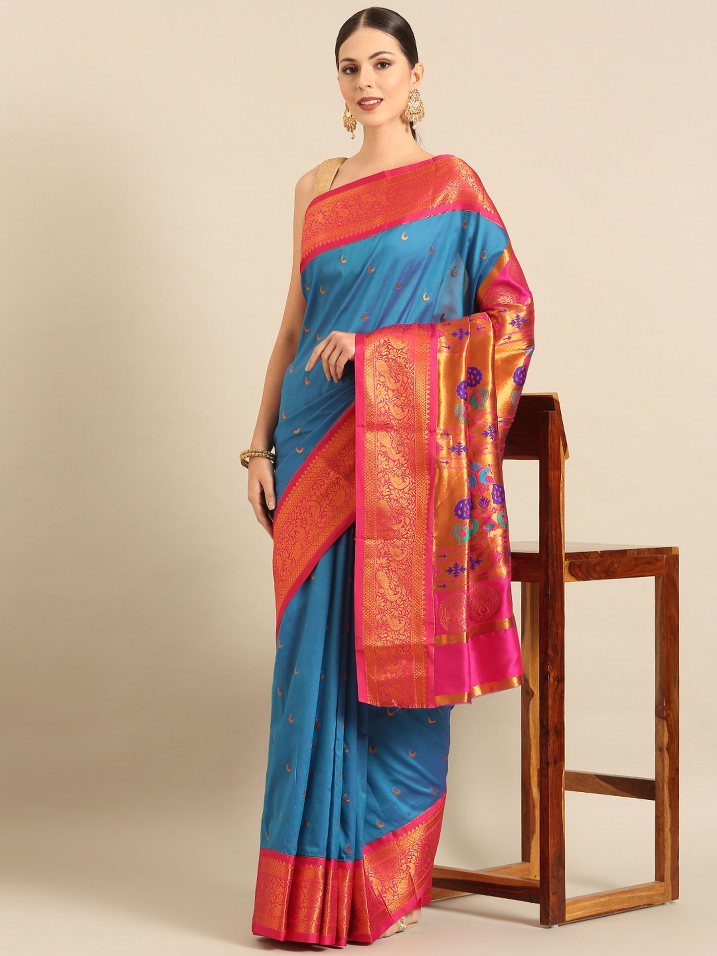 Chandani Firozi & Pink Soft Silk Chandrakor Paithani Saree