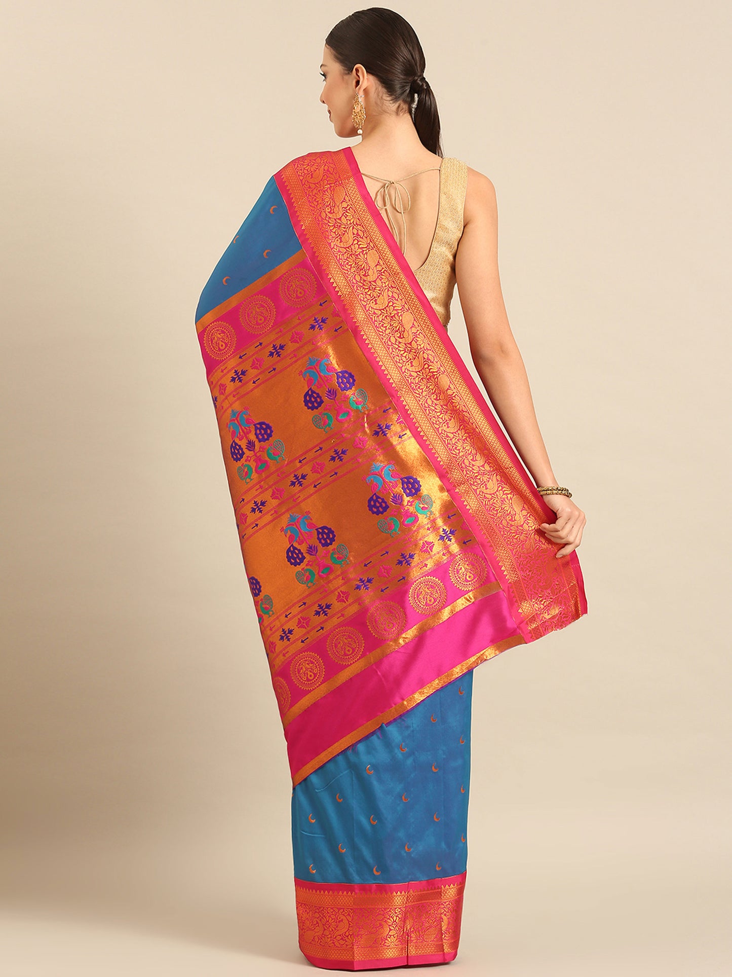 Chandani Firozi & Pink Soft Silk Chandrakor Paithani Saree