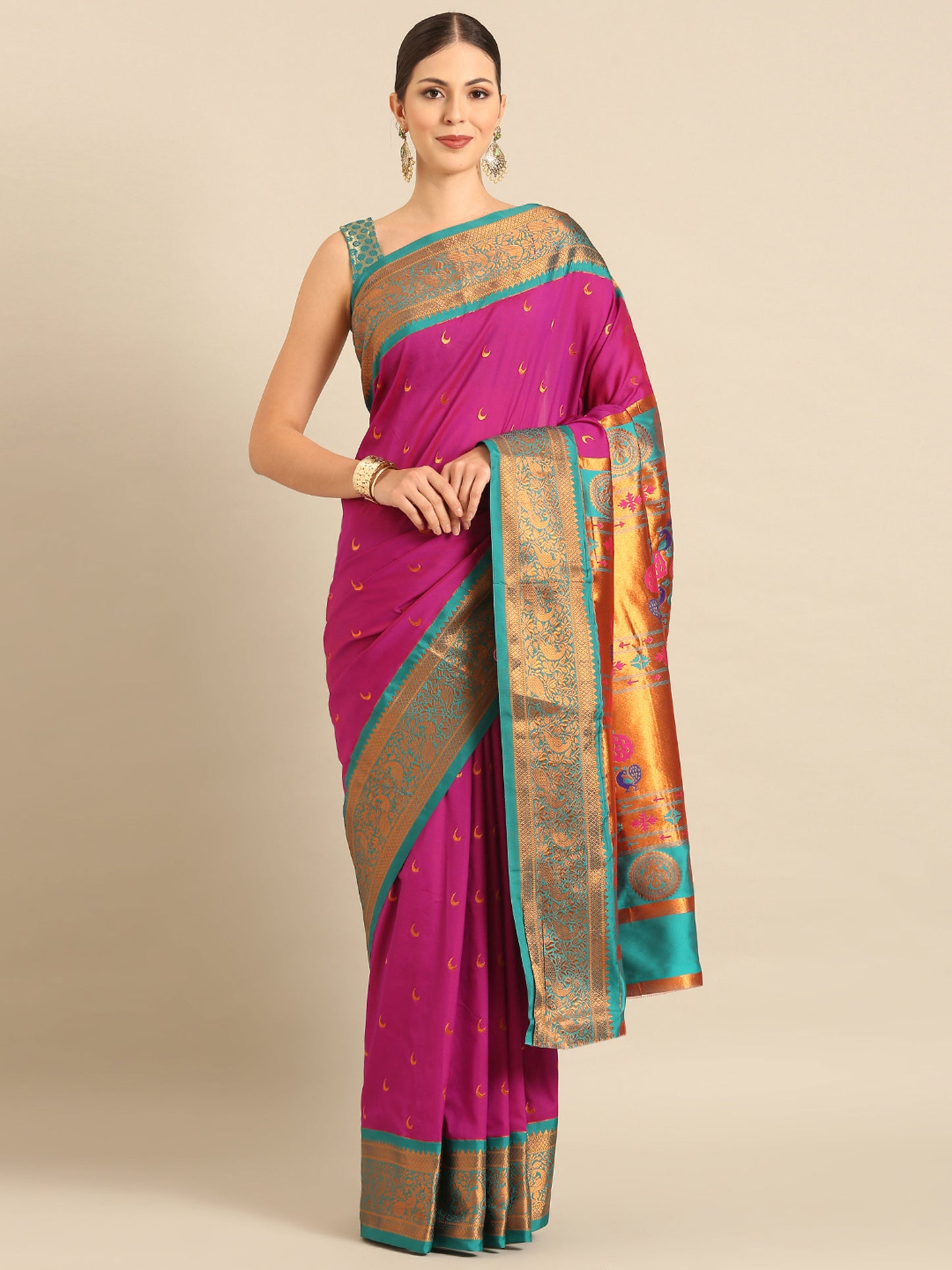 Chandani Magenta & Rama Soft Silk Chandrakor Paithani Saree