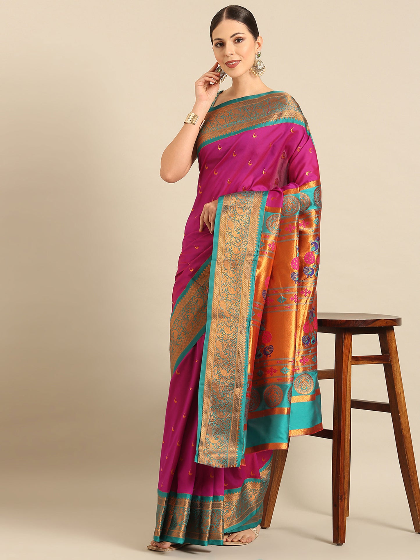 Chandani Magenta & Rama Soft Silk Chandrakor Paithani Saree