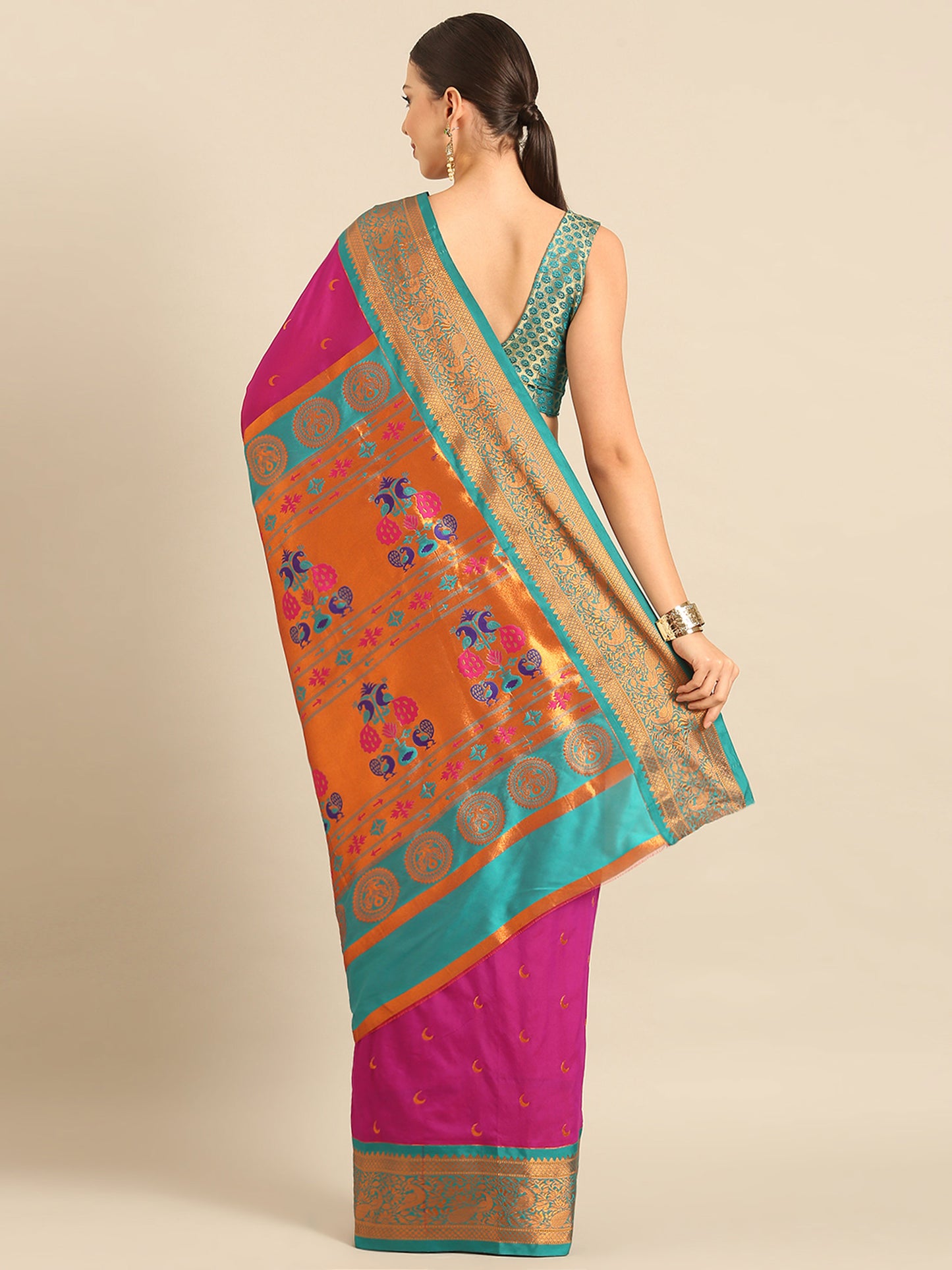 Chandani Magenta & Rama Soft Silk Chandrakor Paithani Saree