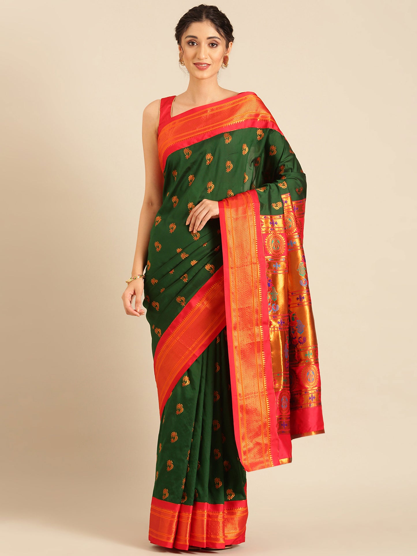 Baanai Bottle Green & Red Soft Silk Peshwai Nath Paithani Saree