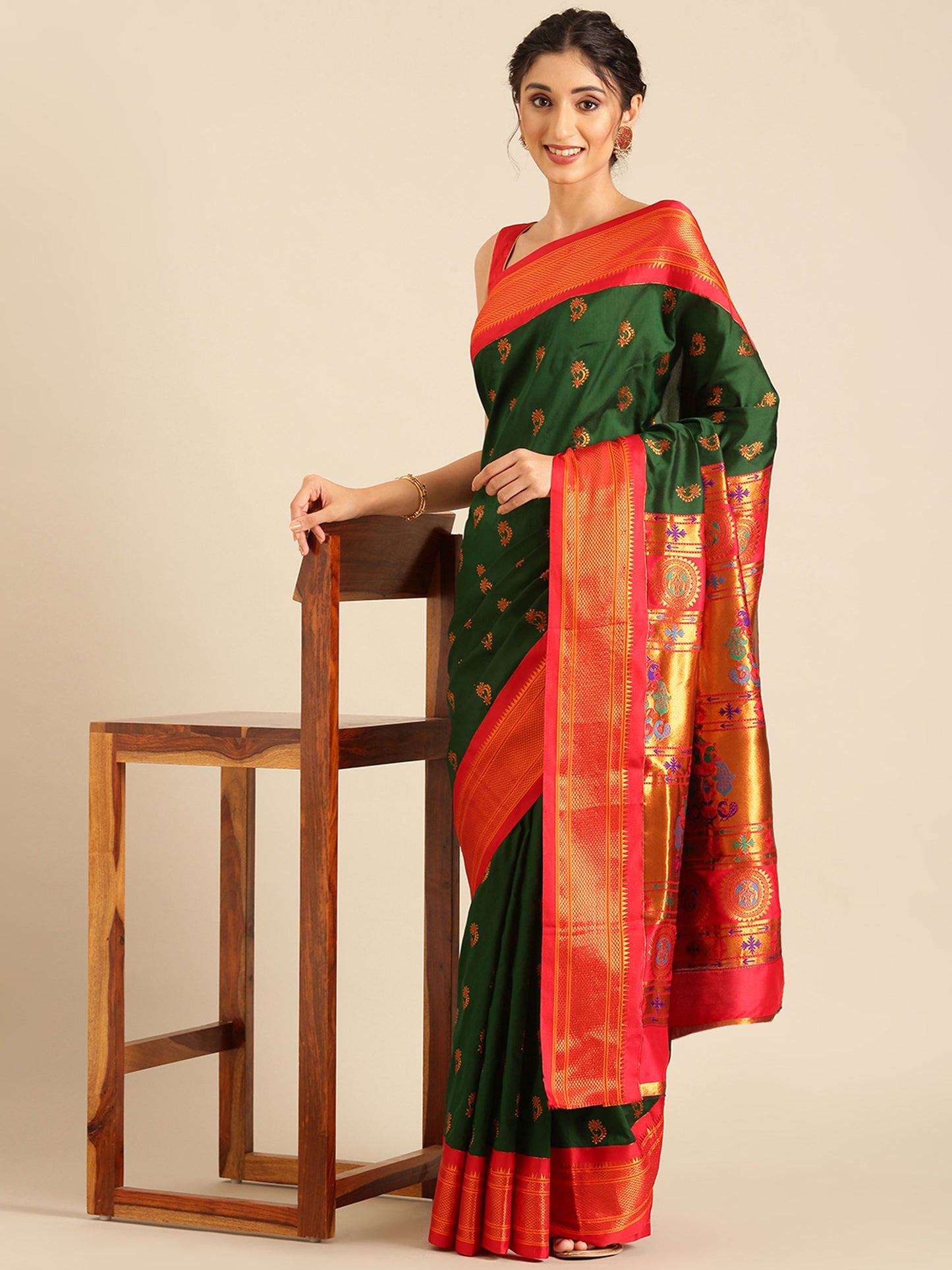 Baanai Bottle Green & Red Soft Silk Peshwai Nath Paithani Saree