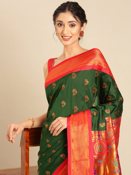 Baanai Bottle Green & Red Soft Silk Peshwai Nath Paithani Saree