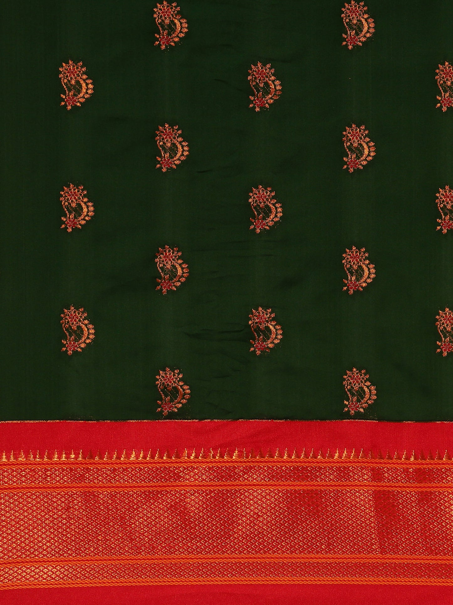 Baanai Bottle Green & Red Soft Silk Peshwai Nath Paithani Saree