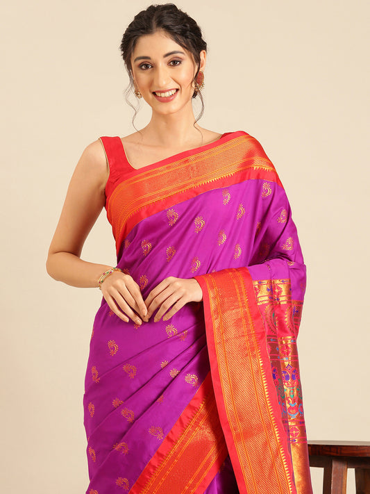 Baanai Purple & Red Soft Silk Peshwai Nath Paithani Saree