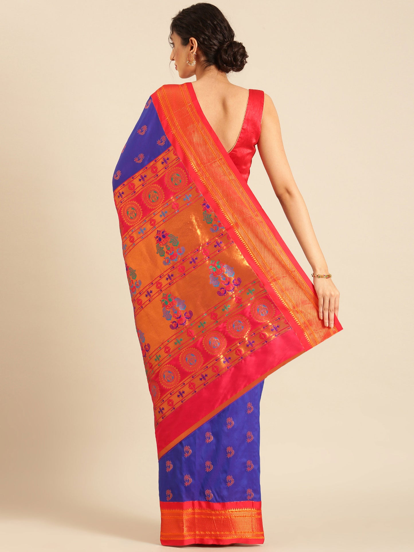Baanai Royal Blue & Red Soft Silk Peshwai Nath Paithani Saree