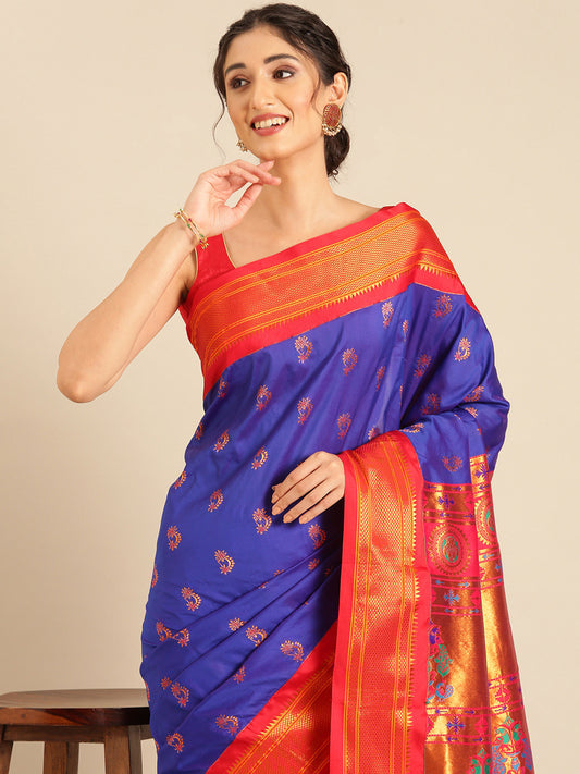 Baanai Royal Blue & Red Soft Silk Peshwai Nath Paithani Saree
