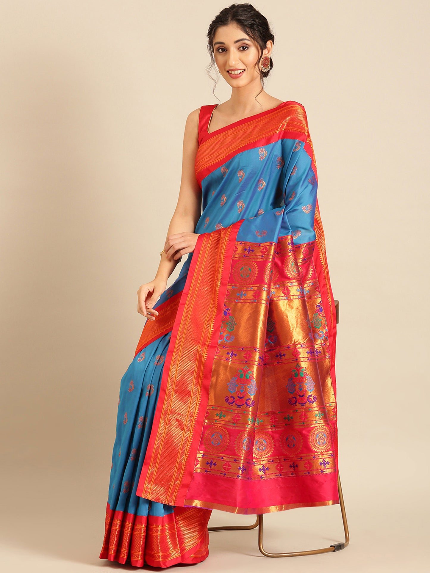 Baanai Firozi & Red Soft Silk Peshwai Nath Paithani Saree