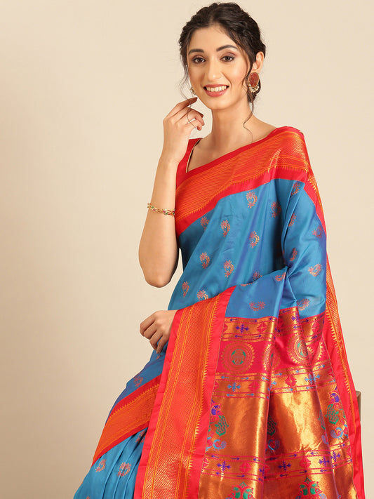 Baanai Firozi & Red Soft Silk Peshwai Nath Paithani Saree