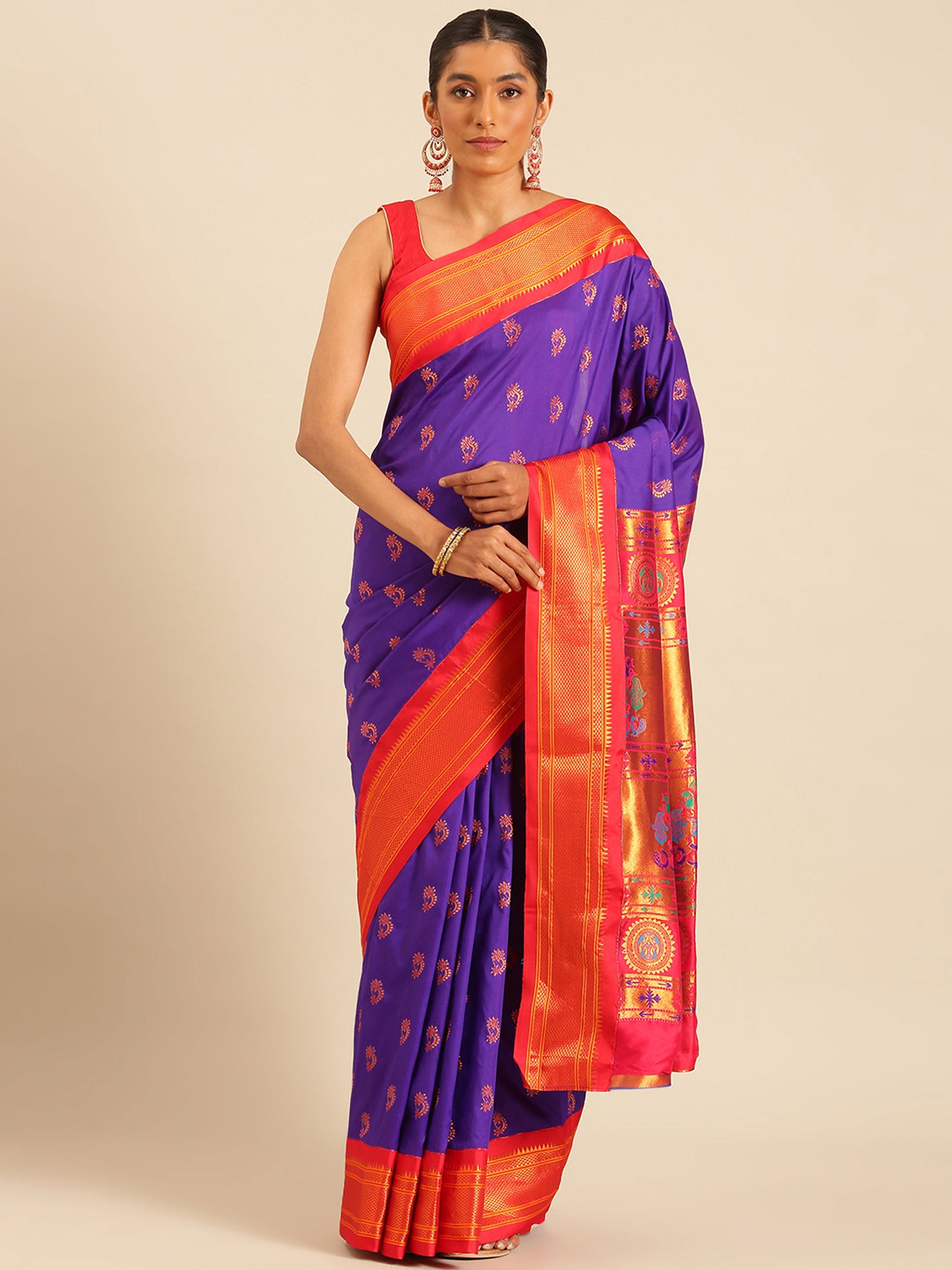 Baanai Indigo Blue & Red Soft Silk Peshwai Nath Paithani Saree