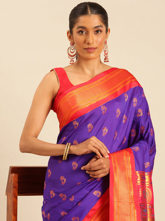 Baanai Indigo Blue & Red Soft Silk Peshwai Nath Paithani Saree