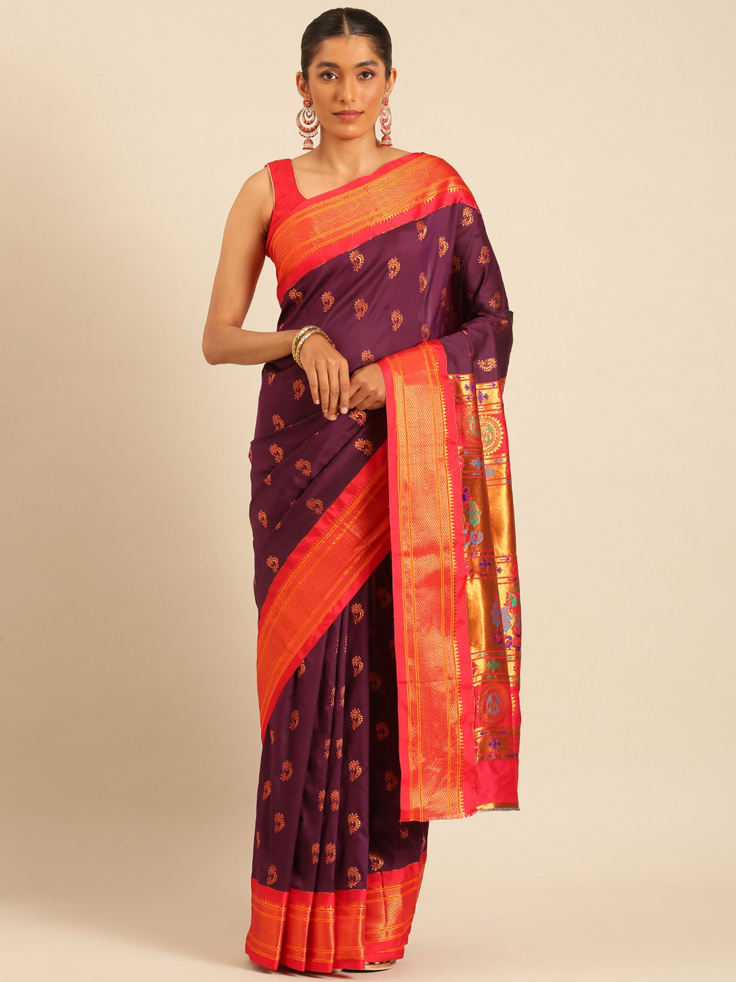 Baanai Maroon & Red Soft Silk Peshwai Nath Paithani Saree
