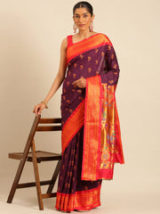 Baanai Maroon & Red Soft Silk Peshwai Nath Paithani Saree