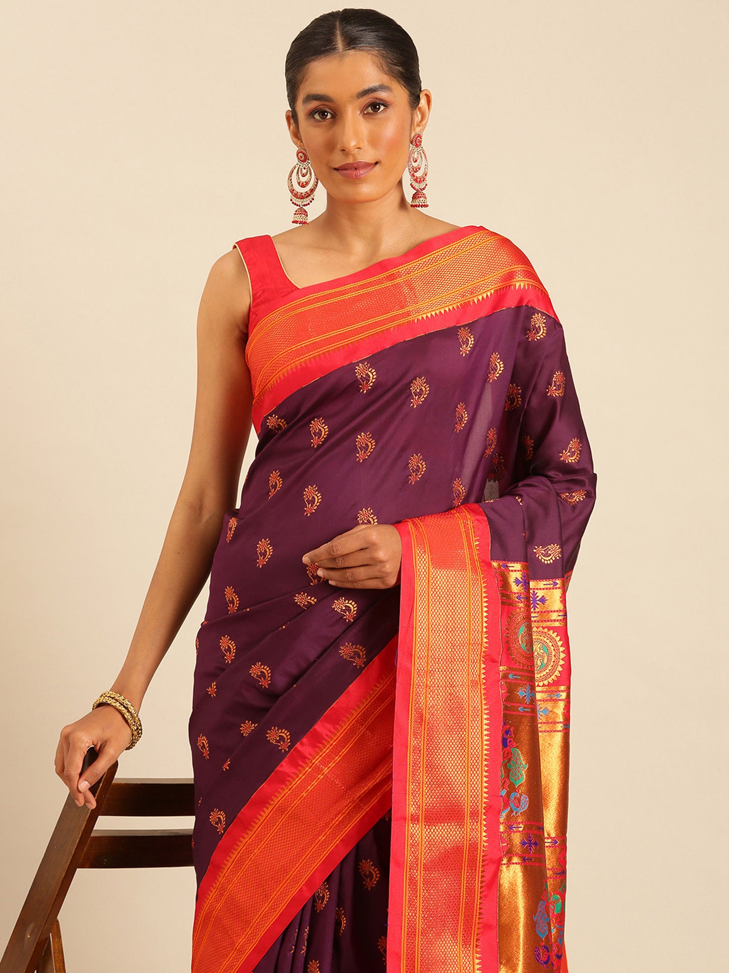 Baanai Maroon & Red Soft Silk Peshwai Nath Paithani Saree