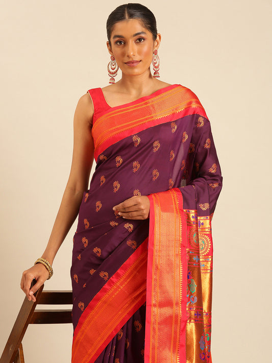 Baanai Maroon & Red Soft Silk Peshwai Nath Paithani Saree