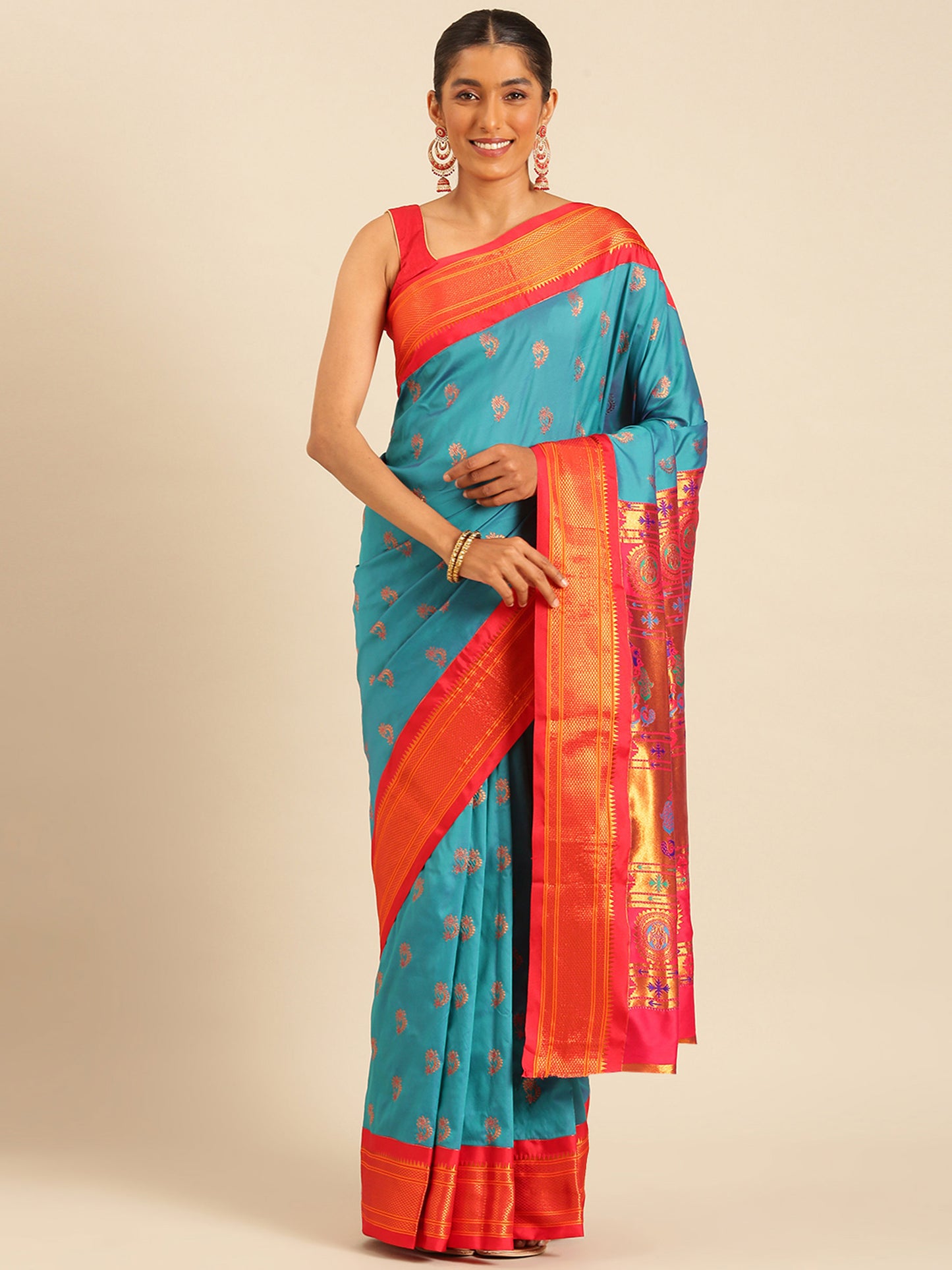 Baanai Rama & Red Soft Silk Peshwai Nath Paithani Saree