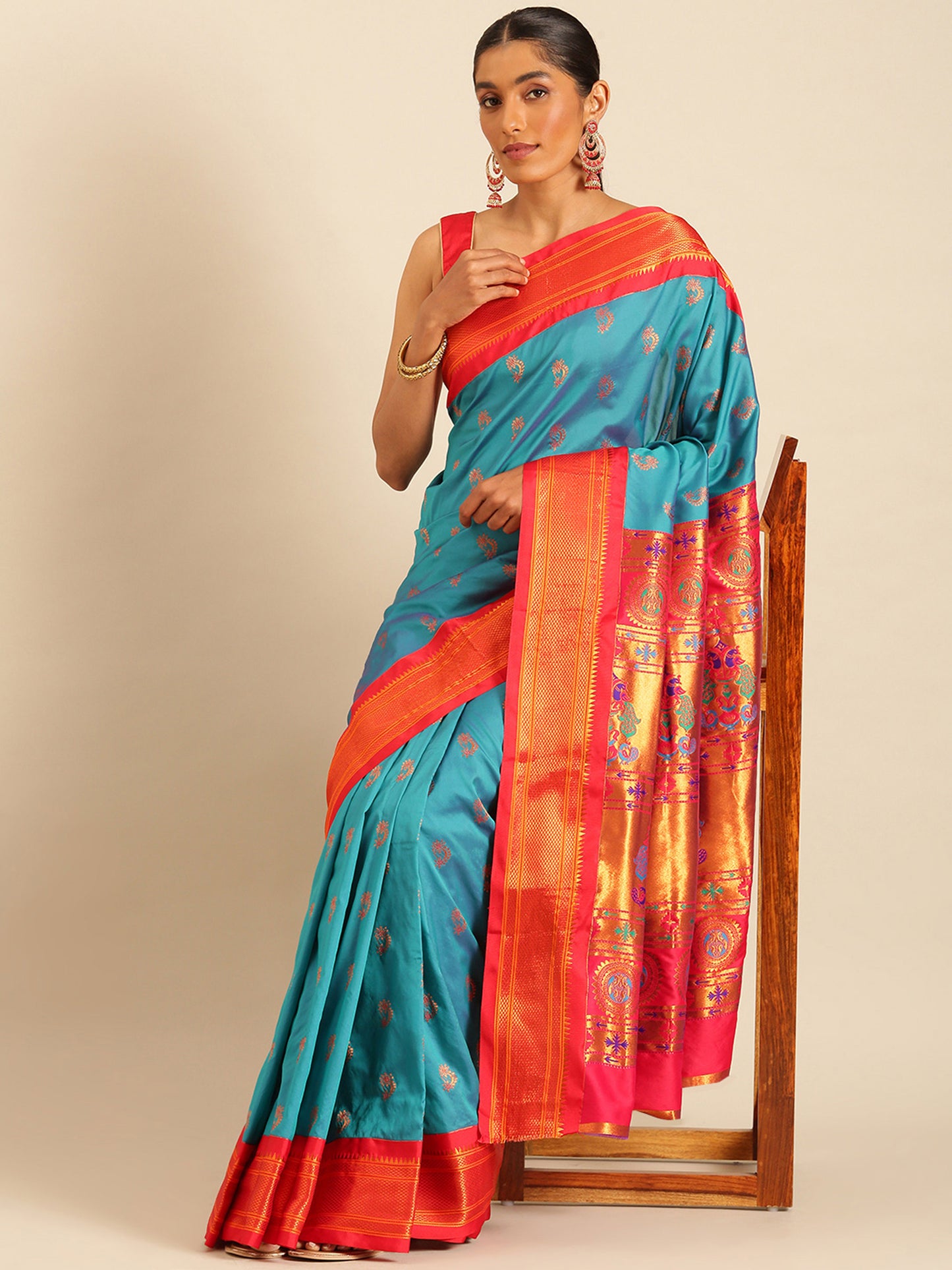Baanai Rama & Red Soft Silk Peshwai Nath Paithani Saree
