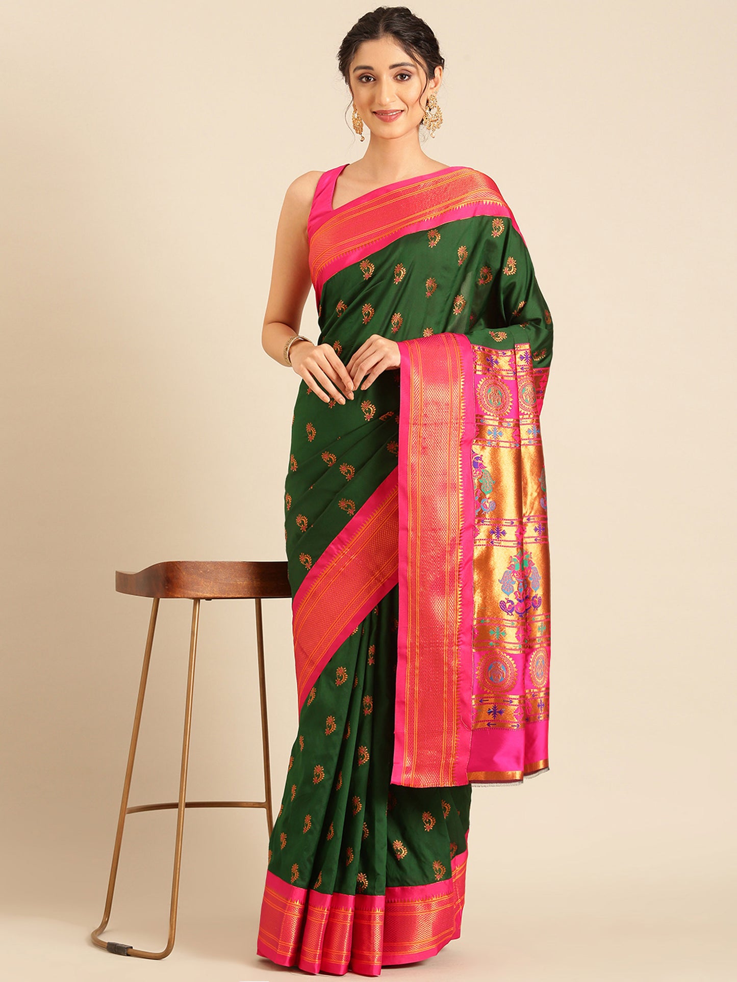 Baanai Bottle Green & Pink Soft Silk Peshwai Nath Paithani Saree
