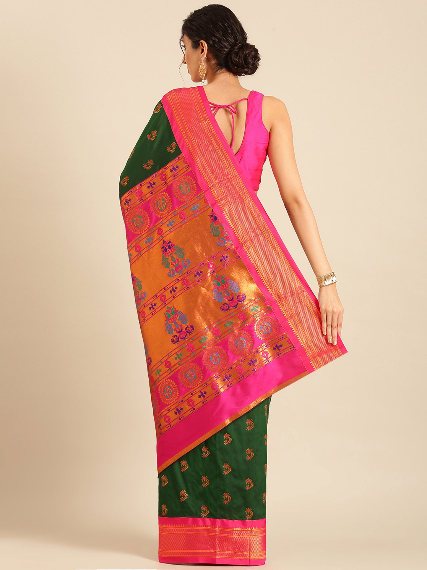 Baanai Bottle Green & Pink Soft Silk Peshwai Nath Paithani Saree