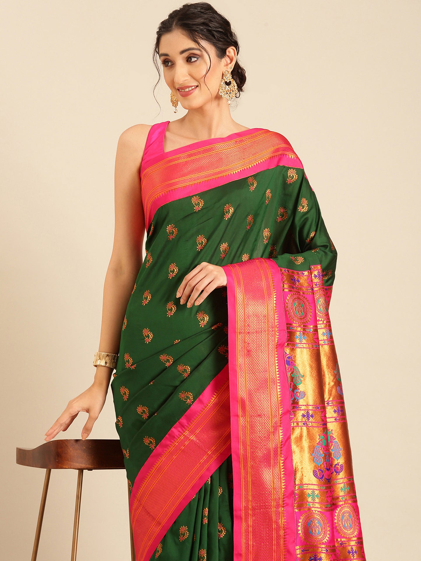 Baanai Bottle Green & Pink Soft Silk Peshwai Nath Paithani Saree