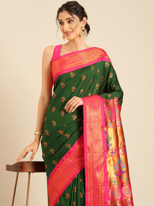 Baanai Bottle Green & Pink Soft Silk Peshwai Nath Paithani Saree