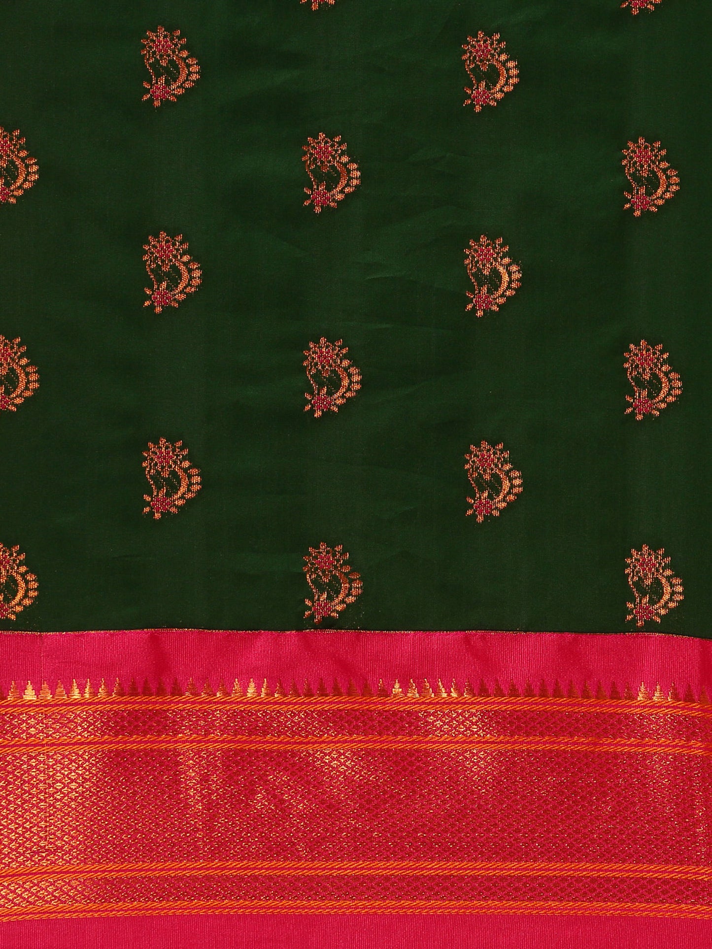Baanai Bottle Green & Pink Soft Silk Peshwai Nath Paithani Saree