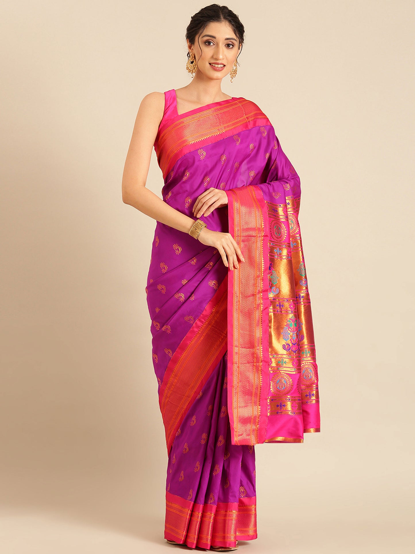 Baanai Purple & Pink Soft Silk Peshwai Nath Paithani Saree