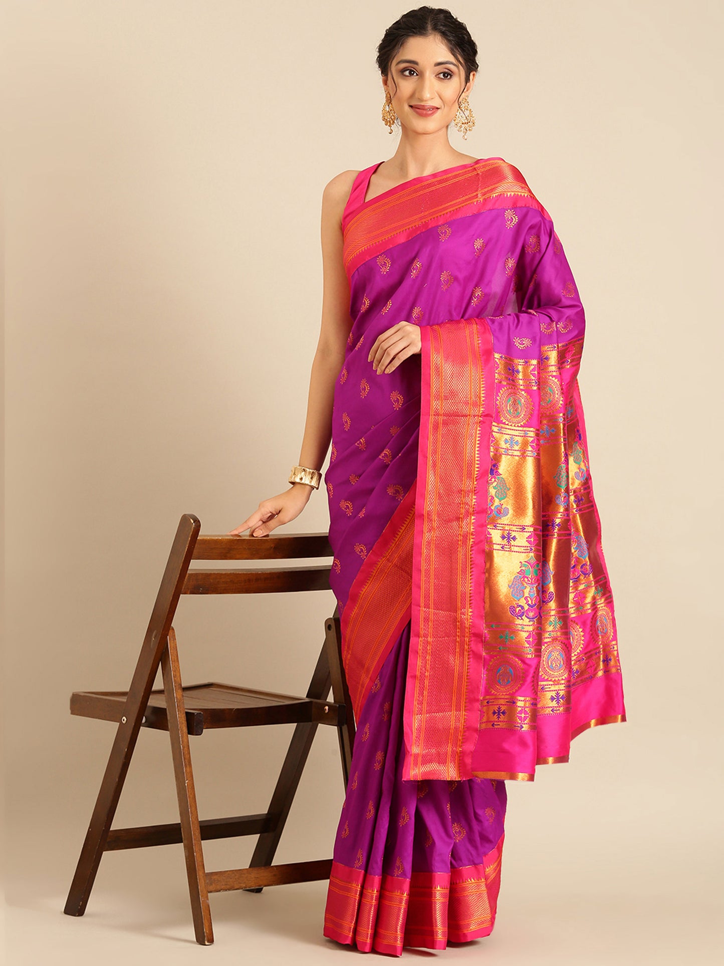 Baanai Purple & Pink Soft Silk Peshwai Nath Paithani Saree